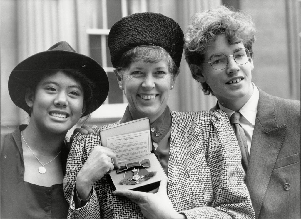 Black-and-white photo of Li-Da and Danny Kruger with Prue Leith