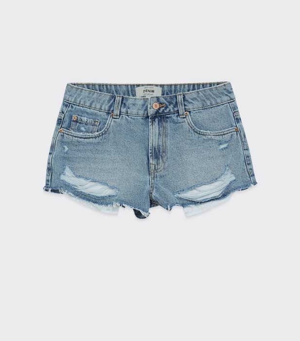 blue frayed denim drop pocket shorts