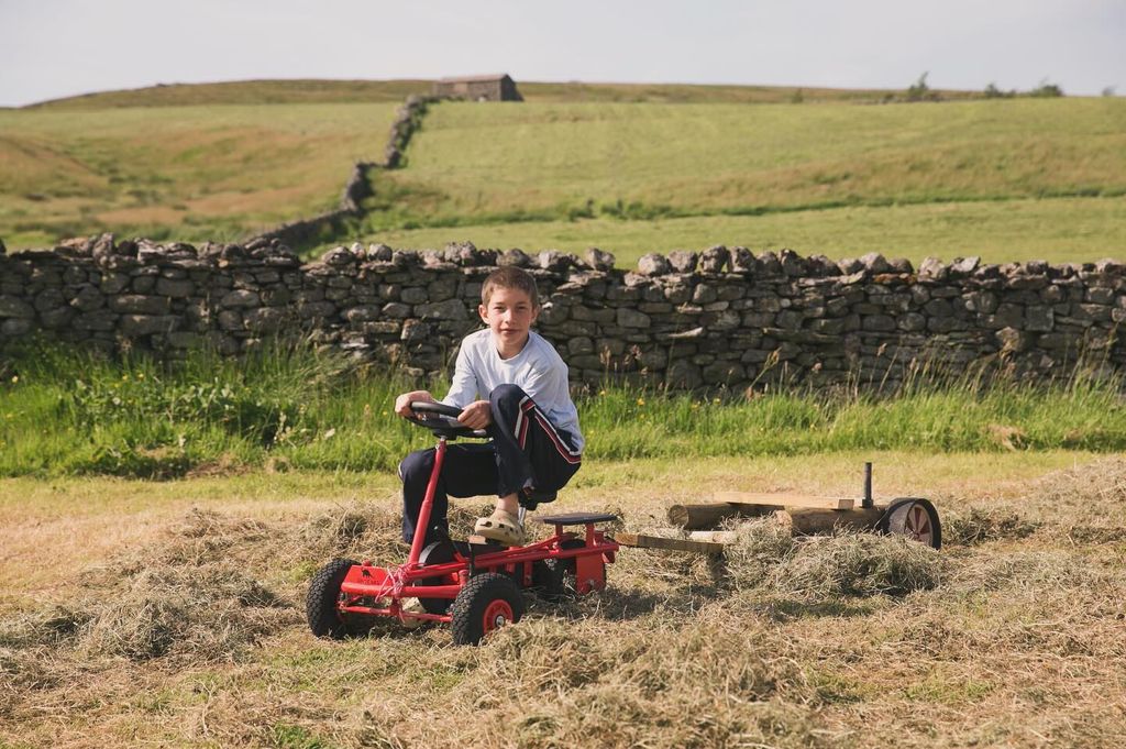 photo of boy cutting grass on farm