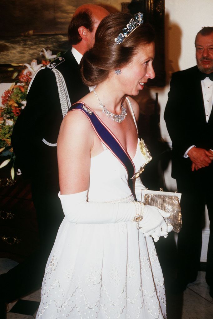 Princess Anne in 1986 in white gown and tiara