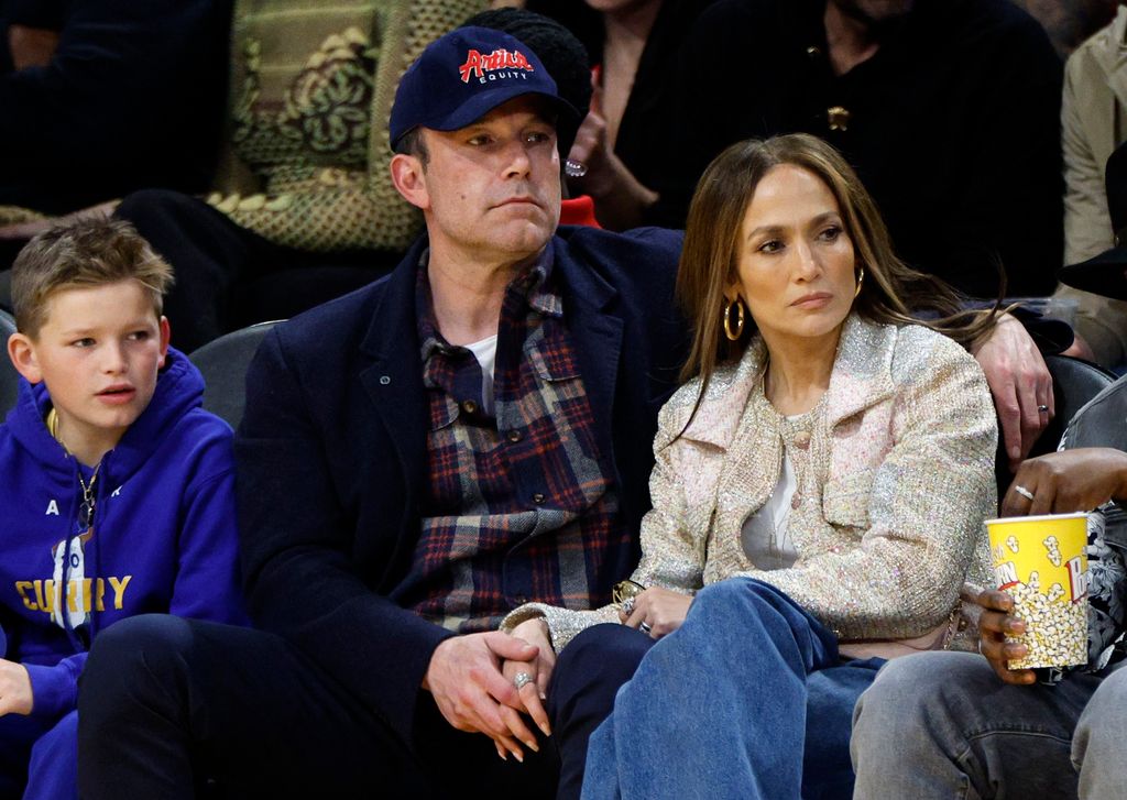 Ben Affleck and his son Samuel Garner Affleck attend a basketball game between the Los Angeles Lakers and Golden State Warriors at Crypto.com Arena on March 16, 2024 in Los Angeles, California