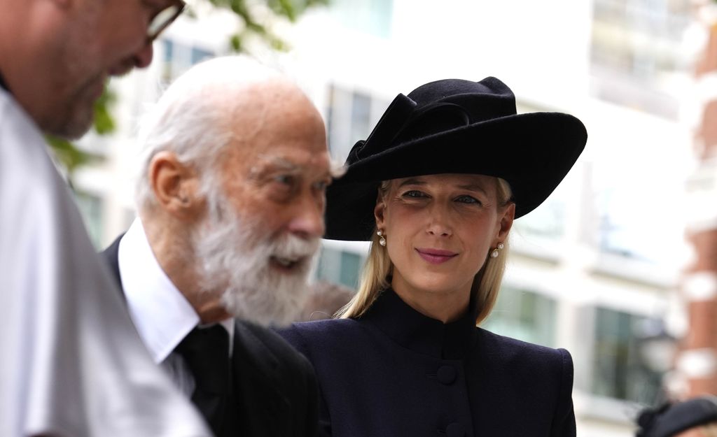 Prince Michael of Kent (C) and Lady Gabriella Windsor arrive for the Requiem Mass service for Katharine, Duchess of Kent at Westminster Cathedral