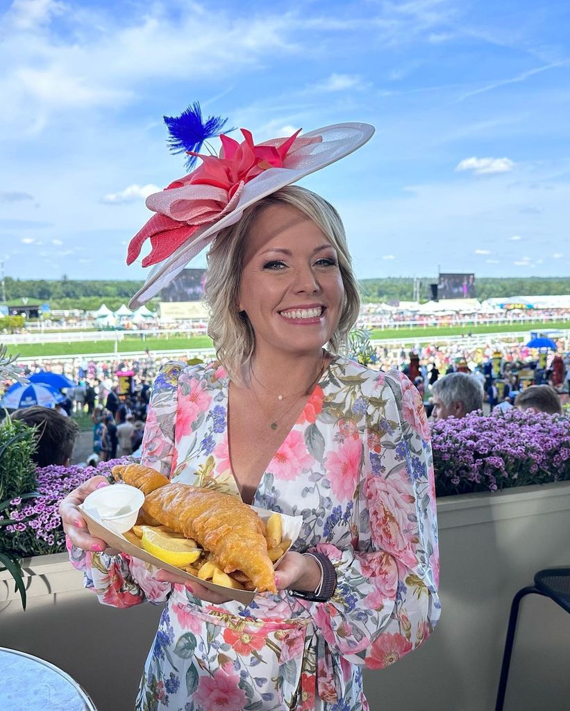 Dylan Dreyer holds plate of fish and chips at Ascot