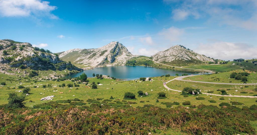 A beautiful lake (Lake Enol) in Picos de Europa mountain range in northern Spain.