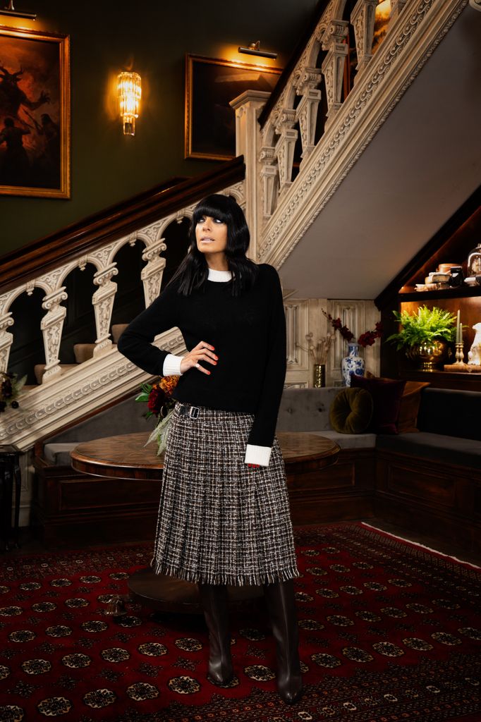 Claudia Winkleman wearing a black and white kilt on The Traitors January 2026