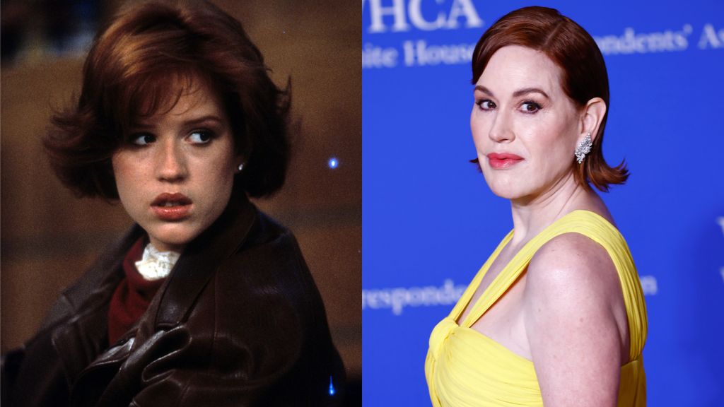 Split image of Molly Ringwald in 1985 vs today