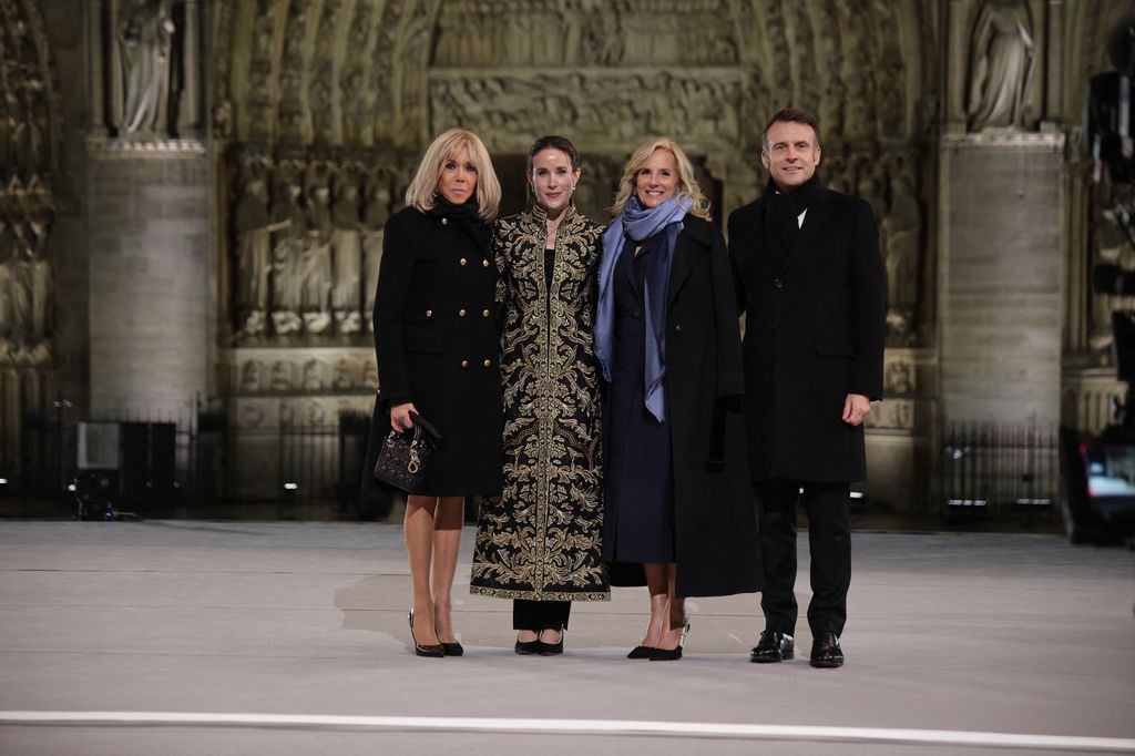 French President Emmanuel Macron (R) and his wife Brigitte Macron (L) pose with First Lady of the United States Jill Biden (CR) and her daughter Ashley Biden (CL)