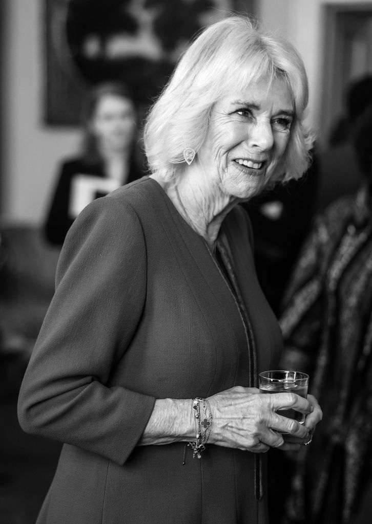 Queen Camilla black and white photo smiling