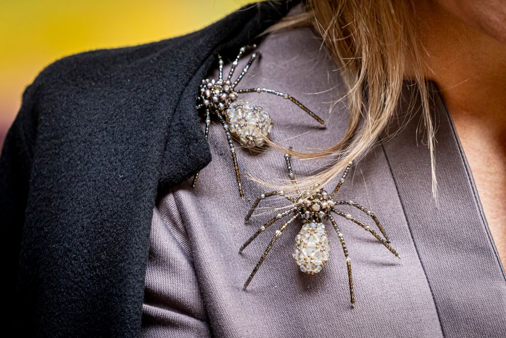 The Dutch monarch's creepy crawly crystal brooches were pinned to her right shoulder