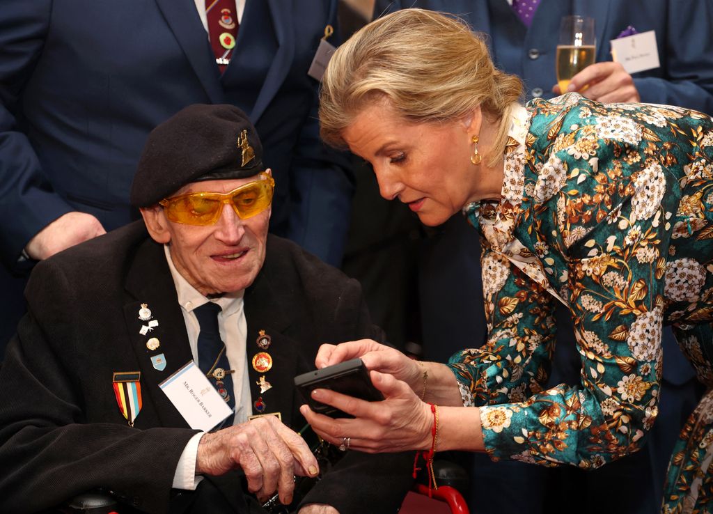 Duchess Sophie talks with veteran Roger Baker during a reception for Korean war veterans