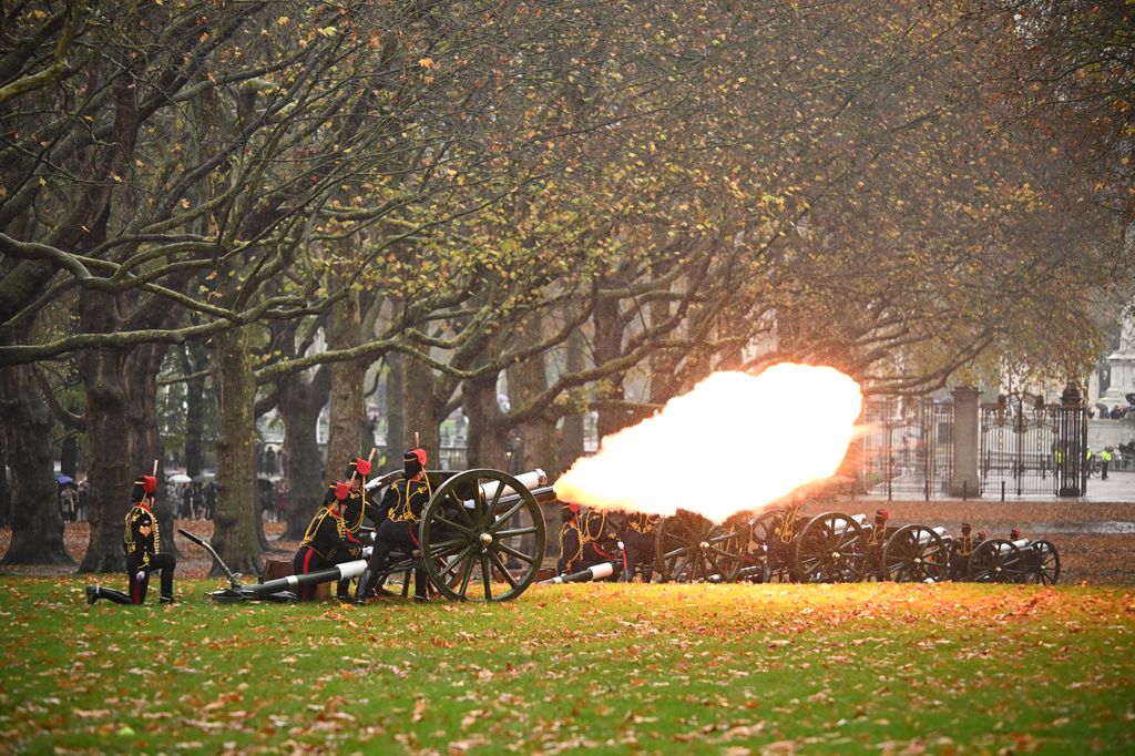 The King's Troop, Royal Horse Artillery fires a salute to commemorate the 77th birthday of His Majesty King Charles III