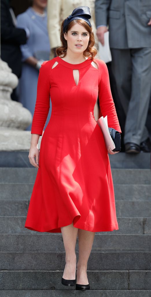 Princess Eugenie in red dress at national service of thanksgiving to mark Queen Elizabeth II's 90th birthday