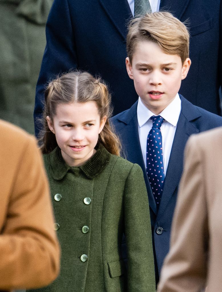 Princess Charlotte of Wales and Prince George of Wales attend the Christmas Morning Service at Sandringham Church on December 25, 2023 in Sandringham, Norfolk