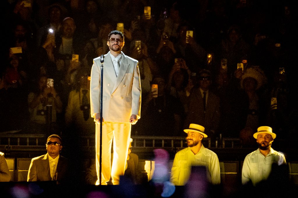 Bad Bunny performs on stage during the DebÃ­ Tirar MÃ¡s Fotos world tour at Estadio GNP Seguros on December 11, 2025 