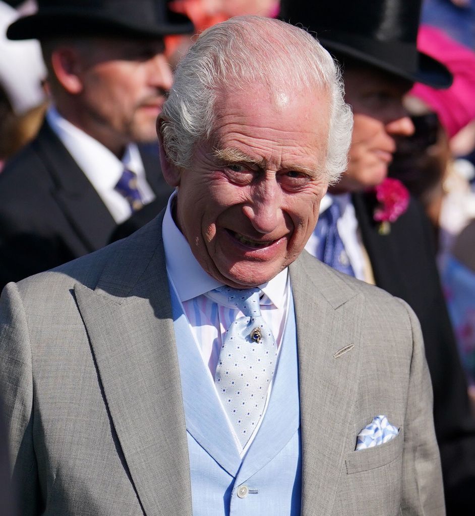 King Charles wears a sapphire pin