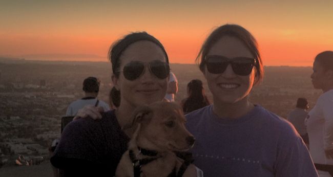 meghan with niece ashleigh and dog at sunset