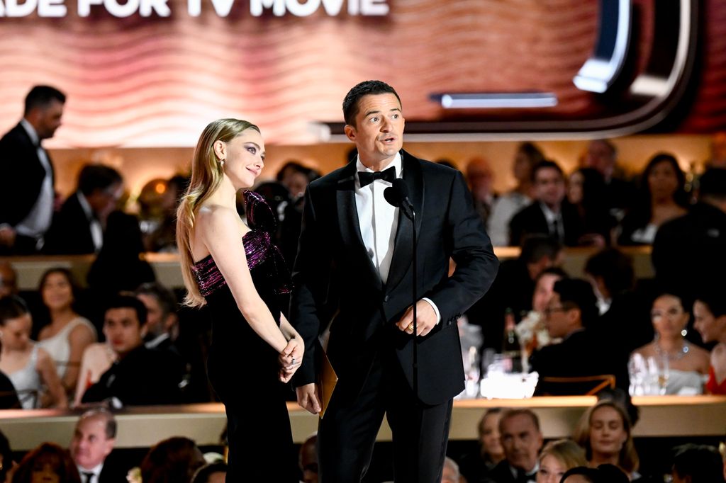 Amanda Seyfried and Orlando Bloom at the 81st Golden Globe Awards held at the Beverly Hilton Hotel on January 7, 2024 in Beverly Hills, California.