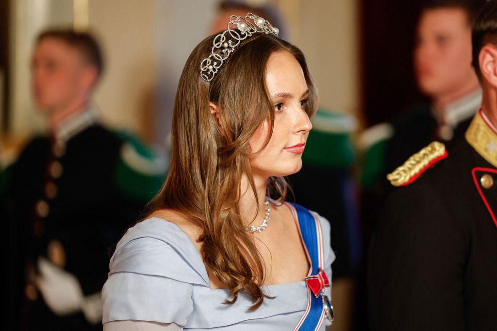 Princess Ingrid Alexandra wearing pearl tiara and blue gown