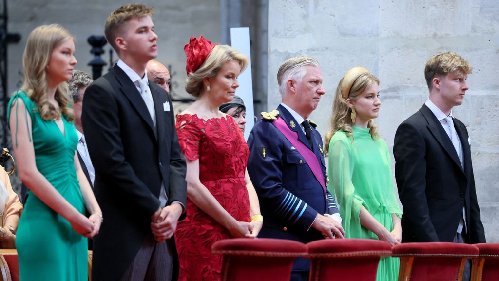 Princess Eleonore, Prince Gabriel, Queen Mathilde, King Philippe, Crown Princess Elisabeth and Prince Emmanuel of Belgium attend the Te Deum mass