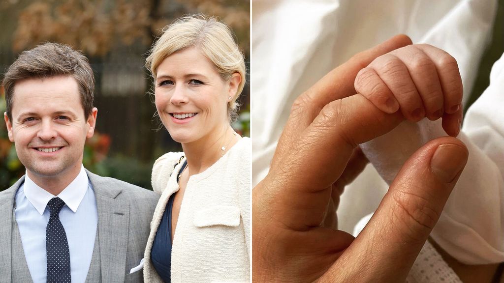 split of Dec Donnelly and Ali Astall with hand holding newborn baby's finger