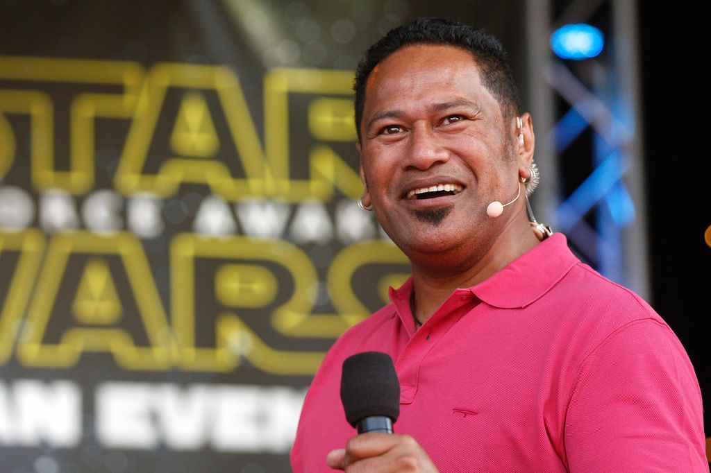 Jay Laga'aia on stage at the Star Wars: The Force Awakens fan event