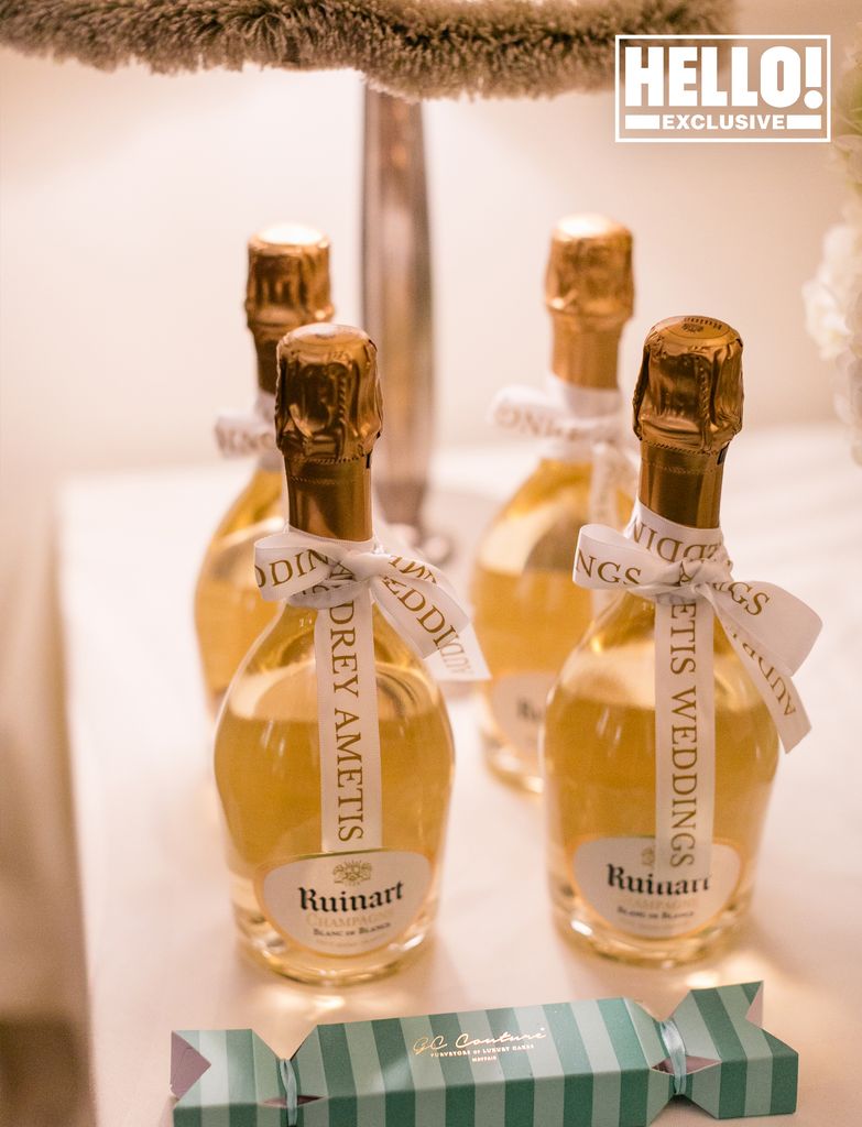 Ruinart alchol bottles on display at Made in Chelsea stars Maeva D'Ascanio and James Taylor wedding