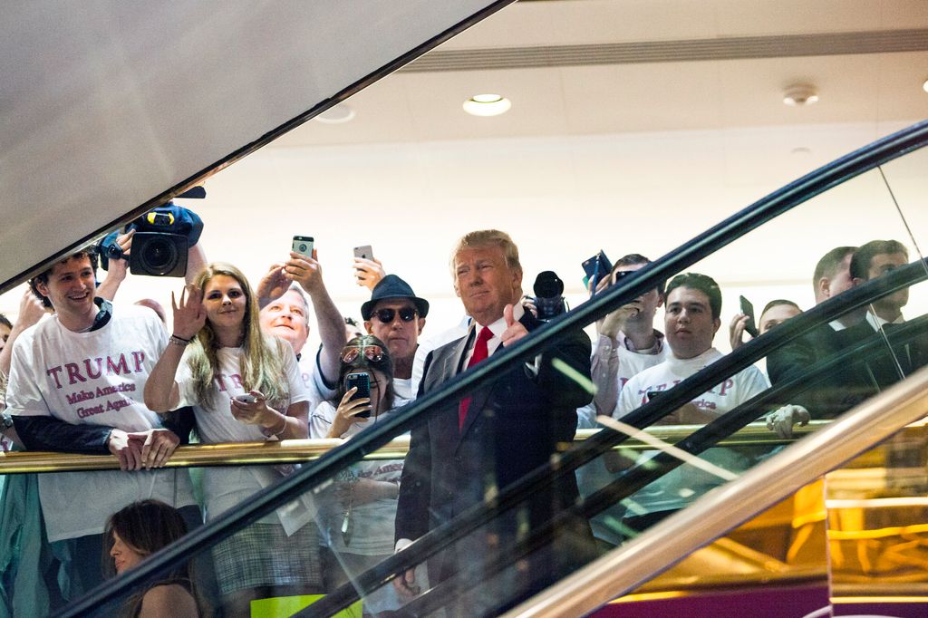 Business mogul Donald Trump rides an escalator to a press event to announce his candidacy for the U.S. presidency at Trump Tower on June 16, 2015 in New York City.  Trump is the 12th Republican who has announced running for the White House