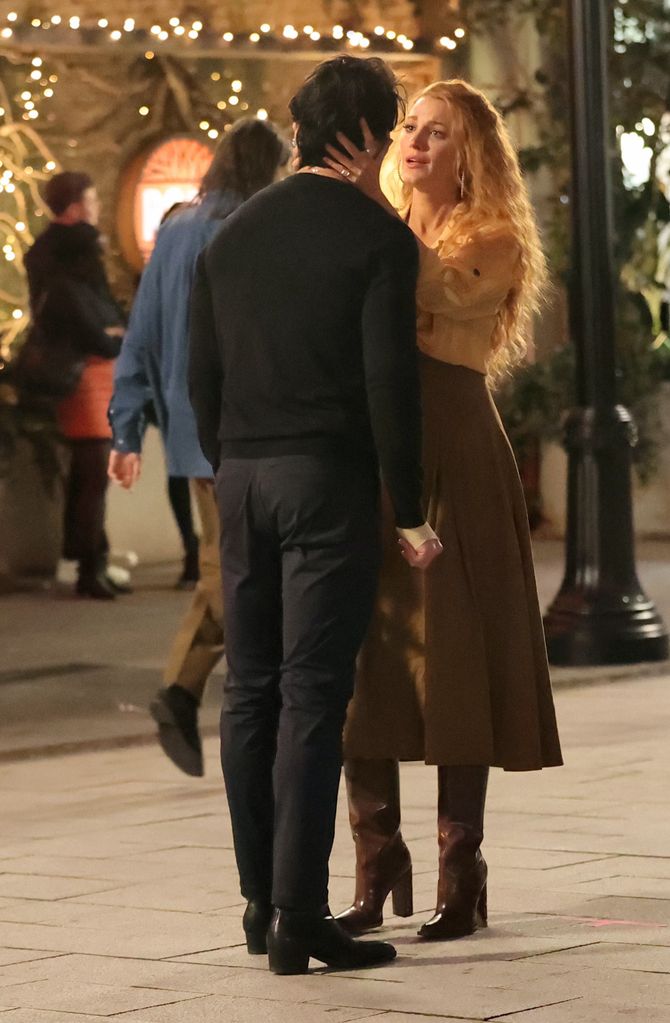 Justin Baldoni and Blake Lively are seen on the set of 'It Ends with Us' on January 12, 2024 in Jersey City, New Jersey.  (Photo by Jose Perez/Bauer-Griffin/GC Images)