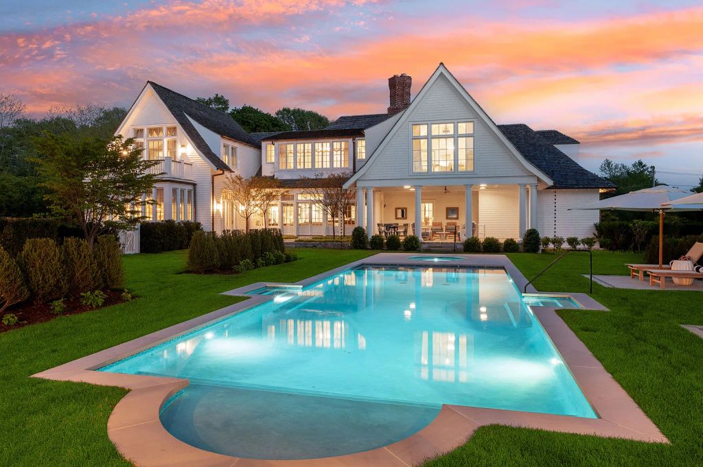 Pool and exterior view of Sylvester Stallone's Hamptons mansion