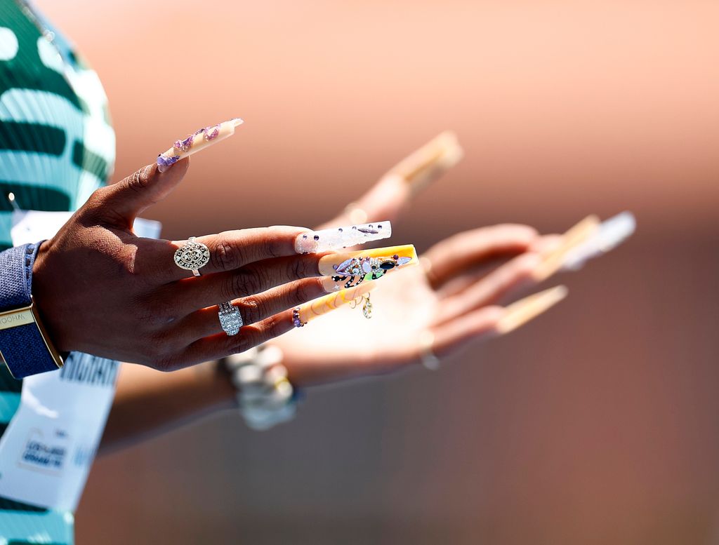 The fingernails of Sha'Carri Richardson after competing in the 100 meter dash during 2023 USATF LA Grand Prix at UCLA's Drake Stadium on May 27, 2023 in Los Angeles, California