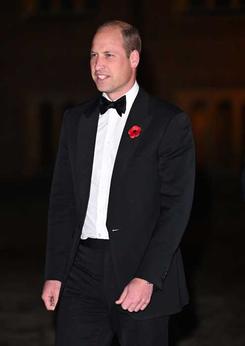 prince william in a black suit and bow tie with a poppy