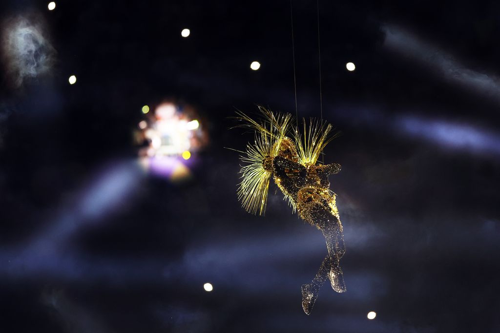 The Golden Voyager descends into the Stadium as a light show takes place during the Closing Ceremony of the Olympic Games Paris 2024 at Stade de France on August 11, 2024 in Paris, France.