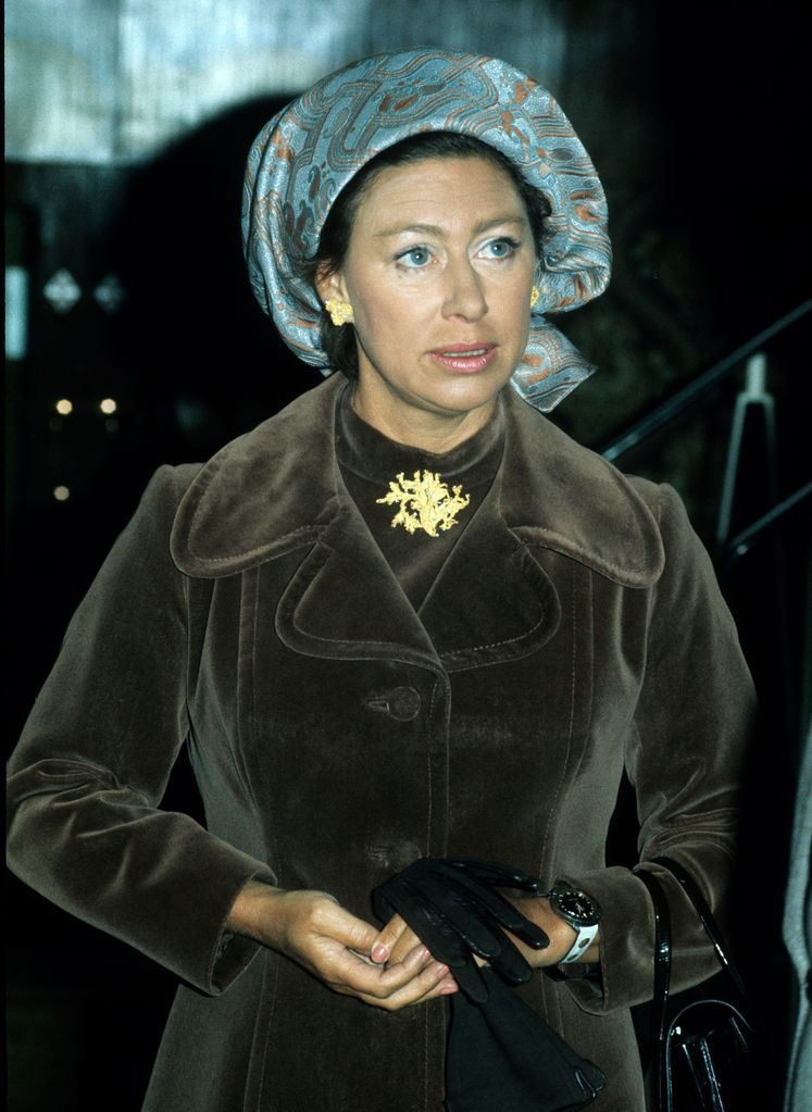 Princess Margaret wearing silk and gold at an event circa 1980 in London