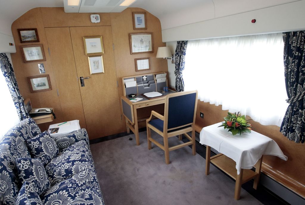 King Charles' desk and sofa inside his study on the royal train