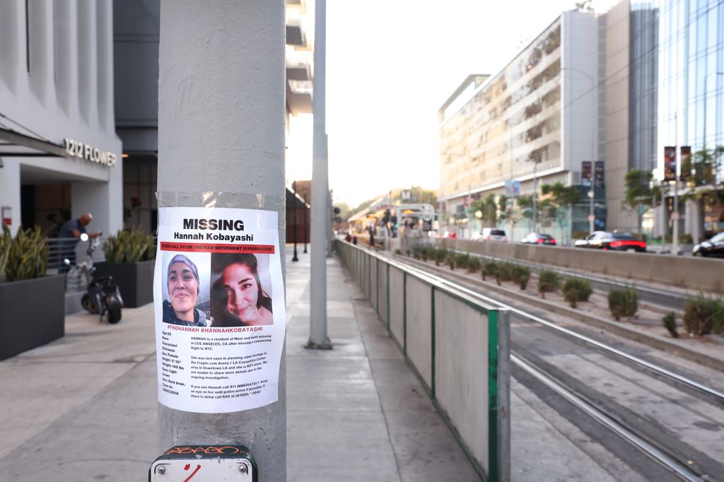 Flyers of missing Maui woman Hannah Kobayashi hang near the metro station where she was last seen in Downtown Los Angeles Thursday, November 21, 2024