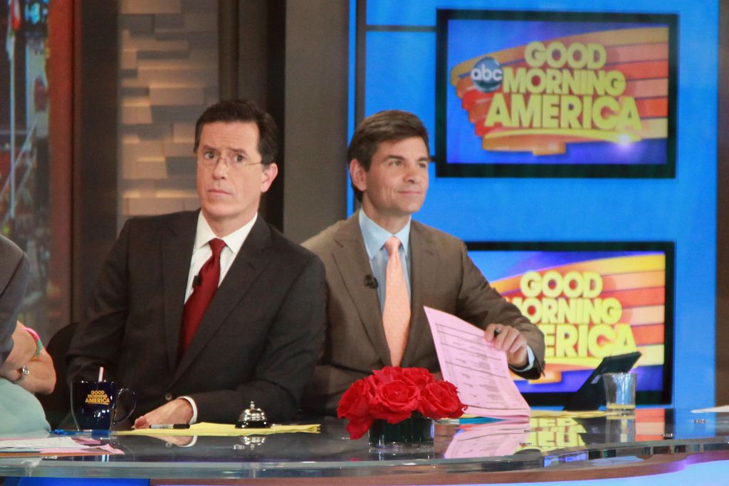 GMA co-hosts Stephen Colbert and George Stephanopoulos host ABC's "Good morning America" at ABC Studios on October 2, 2012 in New York City.