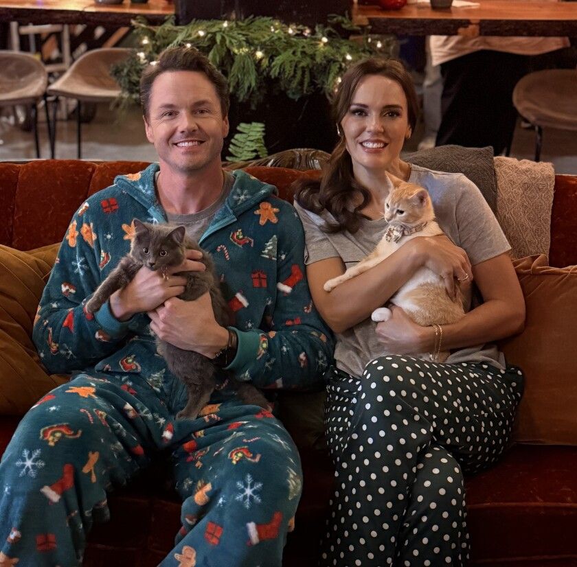 Paul Campbell and Erin Cahill on the set of Hallmark's Christmas at the Catnip Cafe