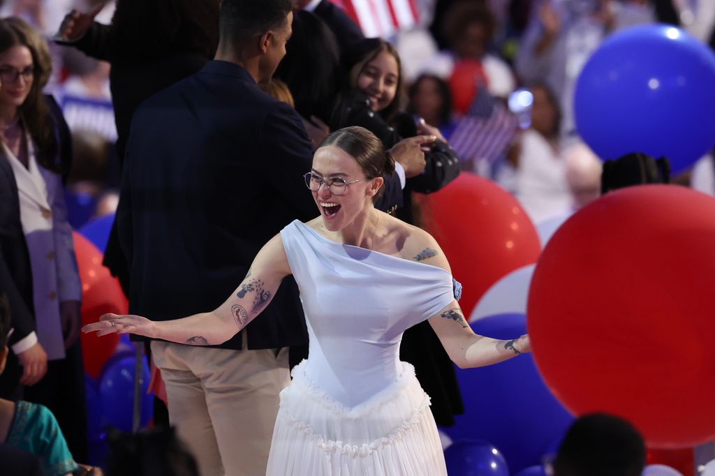 Ella Emhoff, stepdaughter of U.S. Vice President Kamala Harris, celebrates during the final day of the Democratic National Convention 