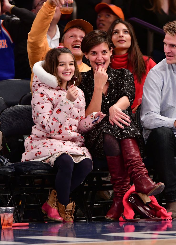 Suri Cruise and Katie Holmes attend the Oklahoma City Thunder Vs New York Knicks game at Madison Square Garden on December 16, 2017 in New York City.