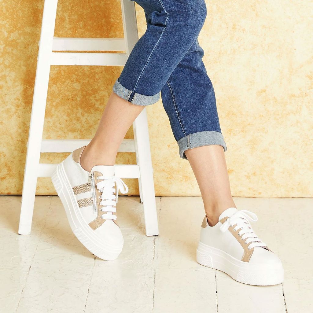 Sole Bliss Diva: Cuir blanc et Taupe Raffia