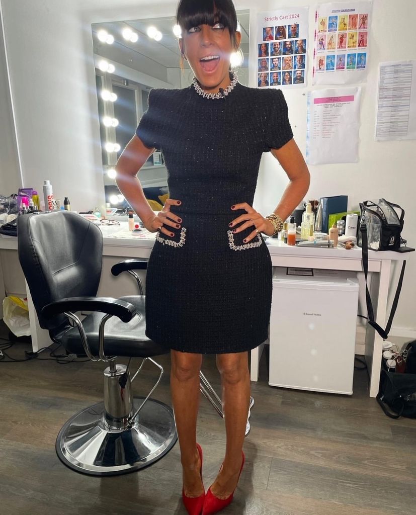 Claudia Winkleman wearing a black tweed dress from Nadine Merabi