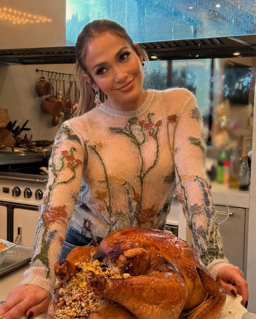 JLo wore s subtly sheer floral jumper for Thanksgiving