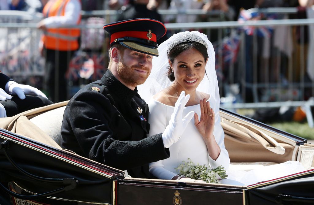 A photo of Prince Harry and Meghan Markle on their wedding day in 2018