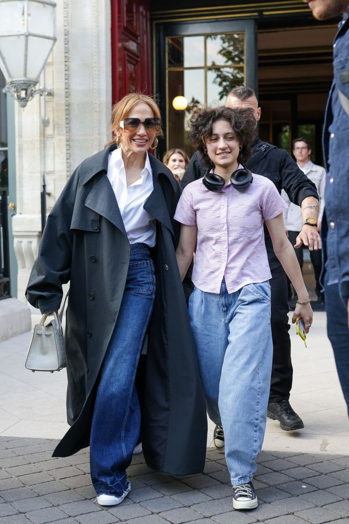 Jennifer Lopez and Emme MuÃ±iz are seen leaving their hotel on May 9, 2024 in Paris, France. (Photo by MEGA/GC Images)
