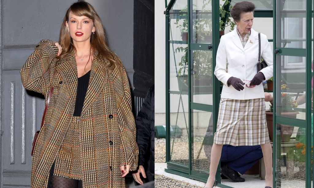 split screen of Taylor Swift and Princess Anne in brown tartan