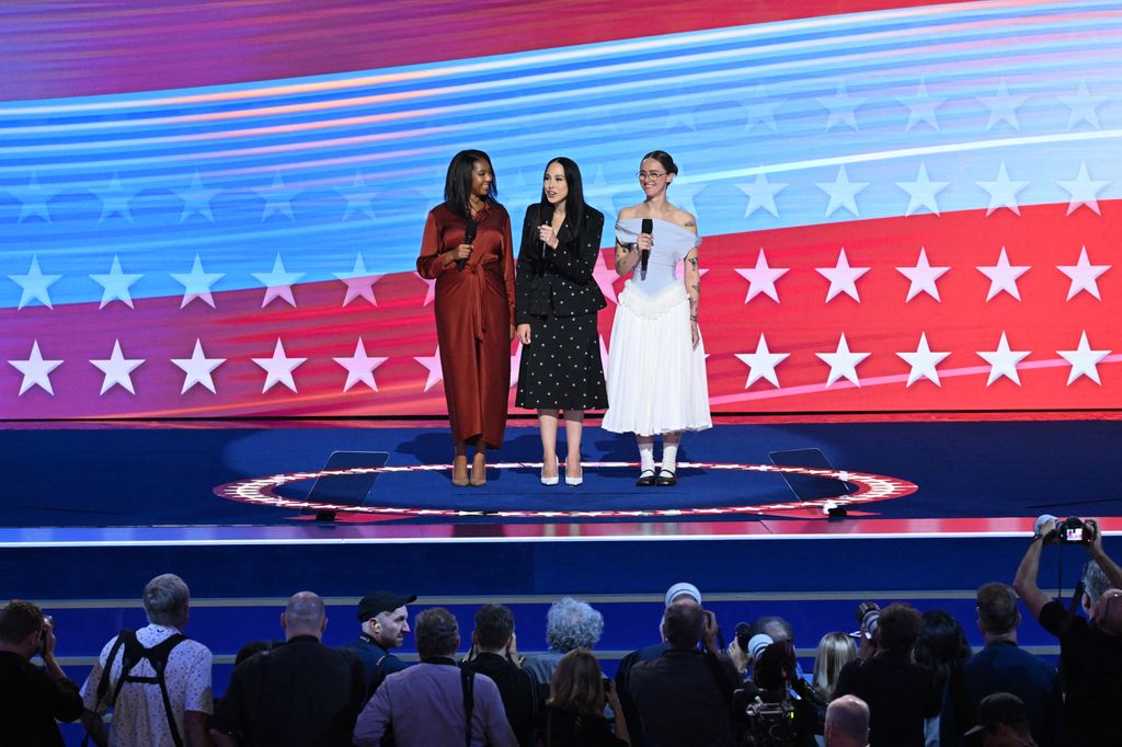 (L-R) Helena Hudlin, Meena Harris, and Ella Emhoff speak on the fourth and last day of the Democratic National Convention (