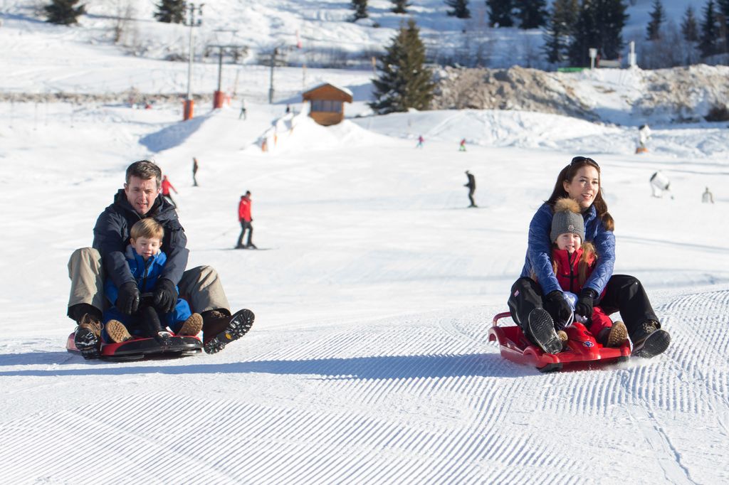 Crown Prince Frederik of Denmark, Crown Princess Mary of Denmark, Prince Vincent and Princess Josephine of Denmark attend a Photocall during their annual Ski holiday