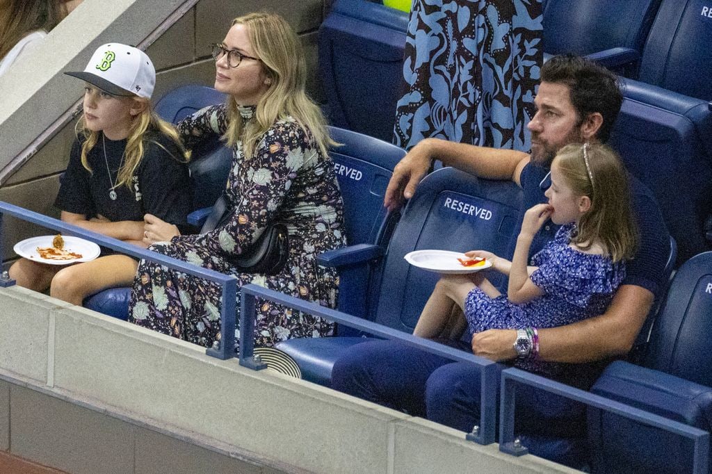 NEW YORK, USA:  September 8:  Emily Blunt and John Krasinski attended the US Open with their daughters during the Men's Singles Semi-Finals match on Arthur Ashe Stadium during the US Open Tennis Championship 2023 at the USTA National Tennis Centre on September 8th, 2023 in Flushing, Queens, New York City.  (Photo by Tim Clayton/Corbis via Getty Images)