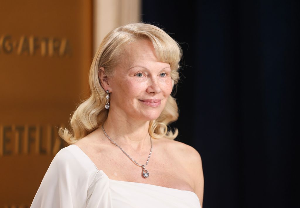Pamela Anderson wearing no makeup with a fringe at the 31st annual Screen Actors Guild Awards at Shrine Auditorium and Expo Hall on February 23, 2025 in Los Angeles, California. 