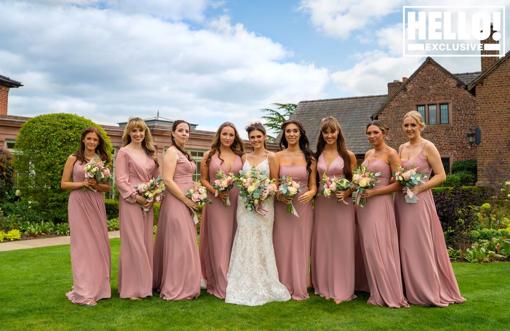 Emilie Cunliffe with her bridesmaids in pink gowns